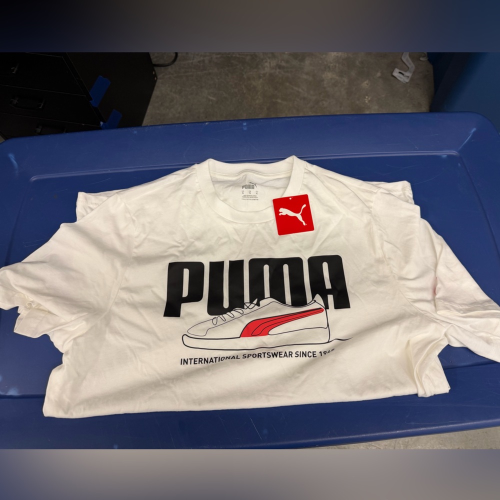 Puma White Tee with Black Logo and Red Shoe Accent